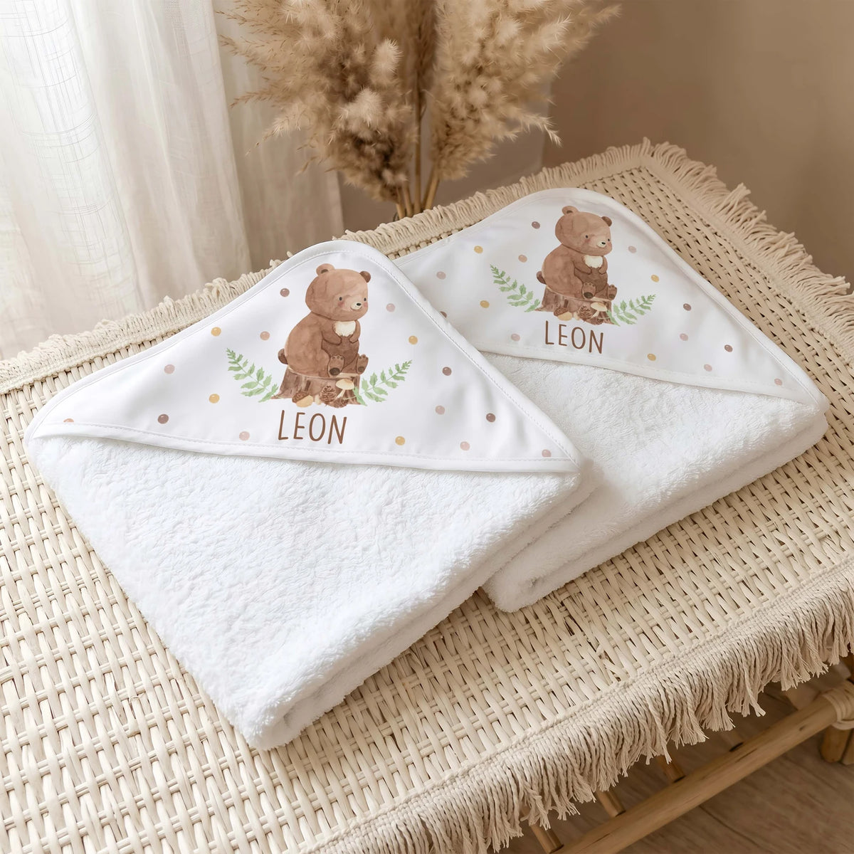 Personalisiertes Kapuzenhandtuch Baby – Bär Farn