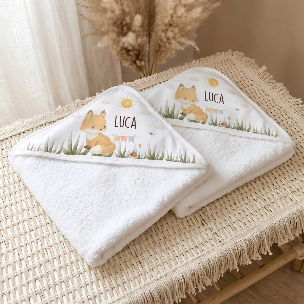 Personalisiertes Kapuzenhandtuch Baby – Fuchs Wiese
