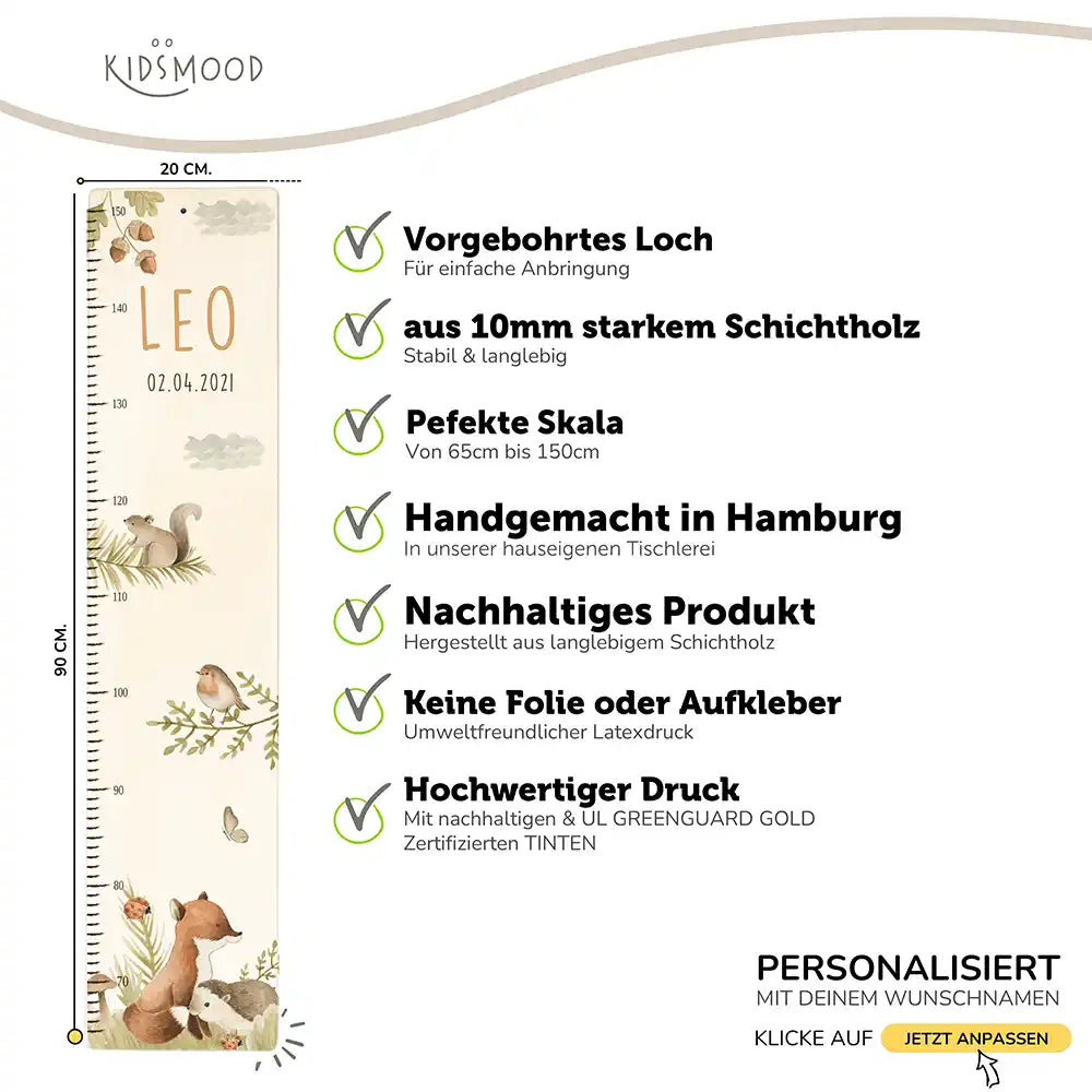 Messlatte Kinder Holz & Aluverbund - Tiere im Wald