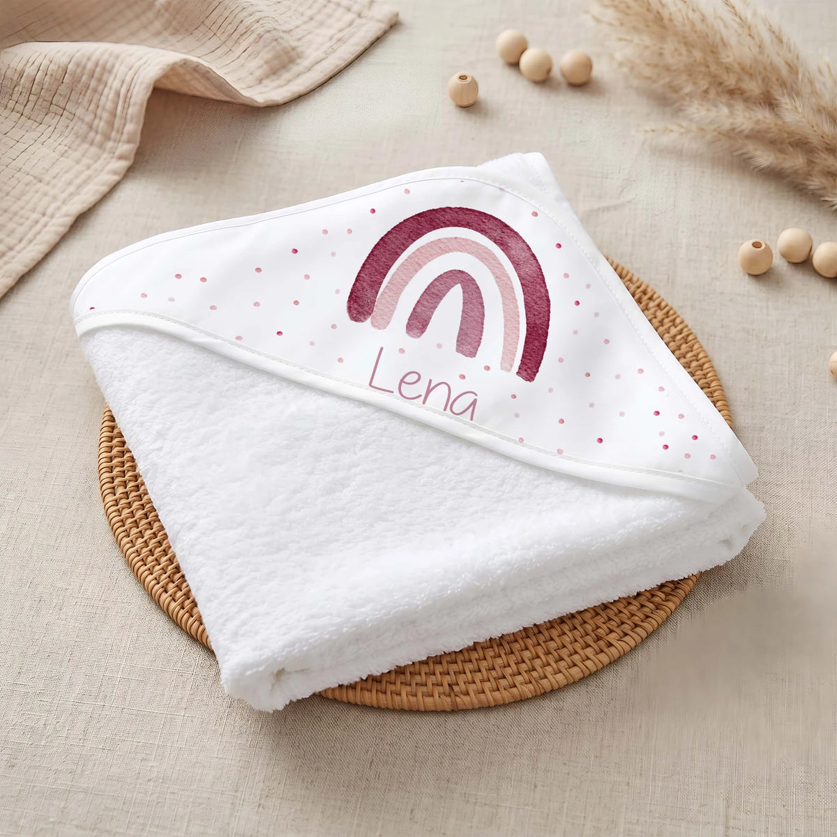 Personalisiertes Kapuzenhandtuch Baby – Boho-Regenbogen