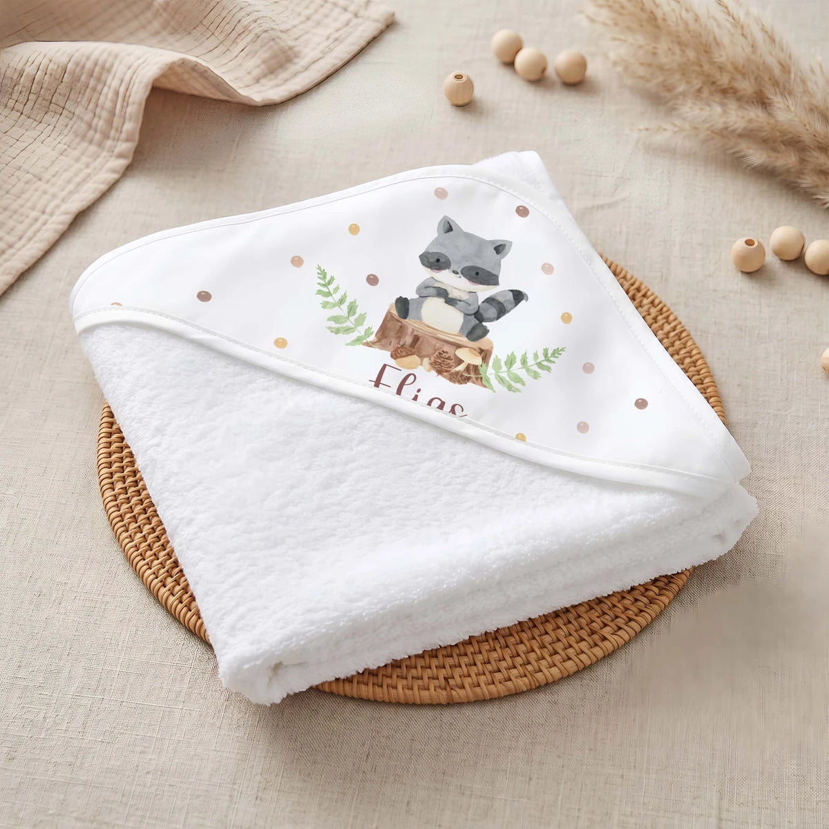 Personalisiertes Kapuzenhandtuch Baby – Waschbär Wald