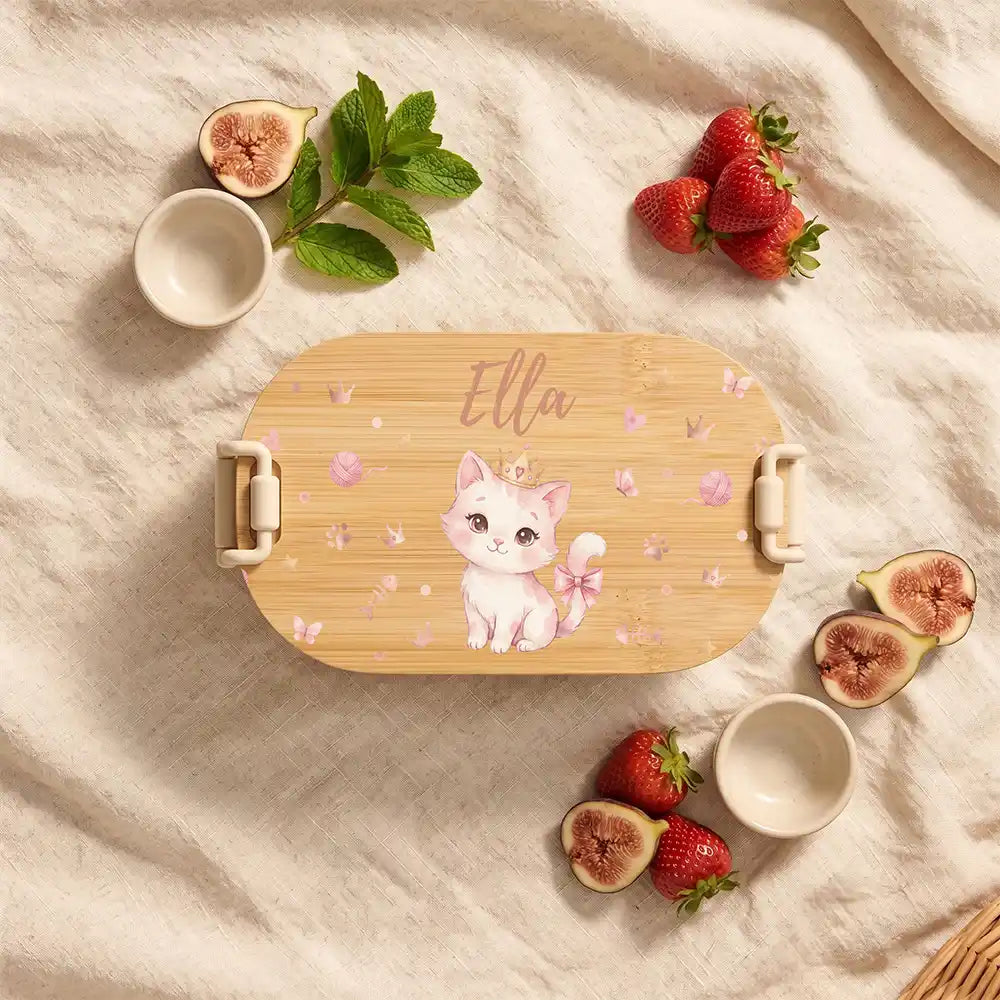Brotdose Kinder personalisiert Katze mit Krone, Brotdose beige in der Kita mit Wunschname