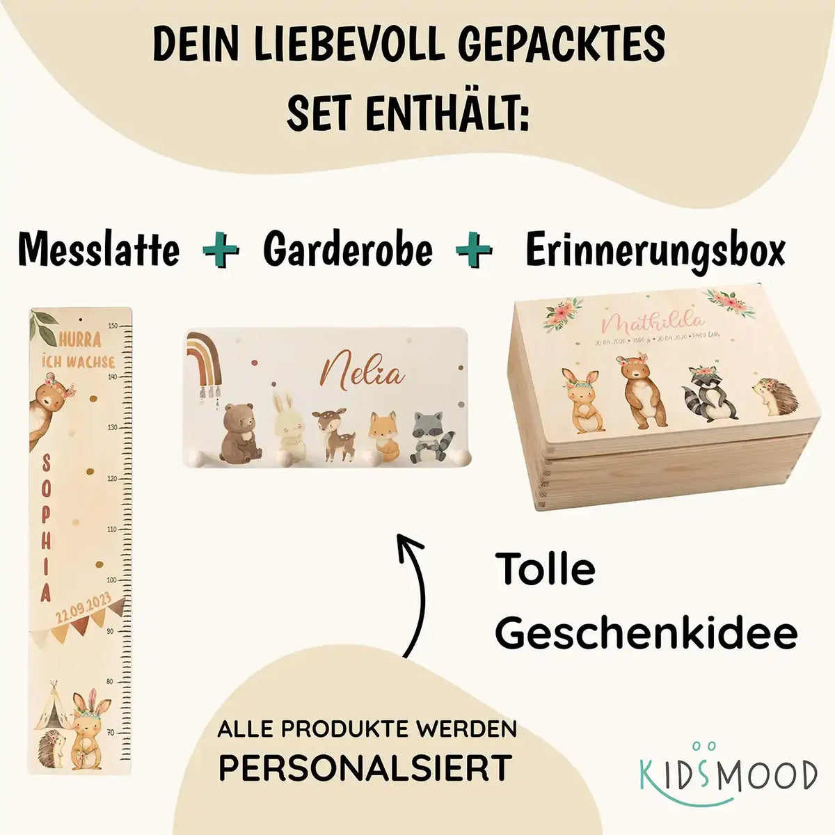 Erste Schritte Bundles- Boho Tierfamilie: Messlatte, Kindergarderobe, Erinnerungsbox