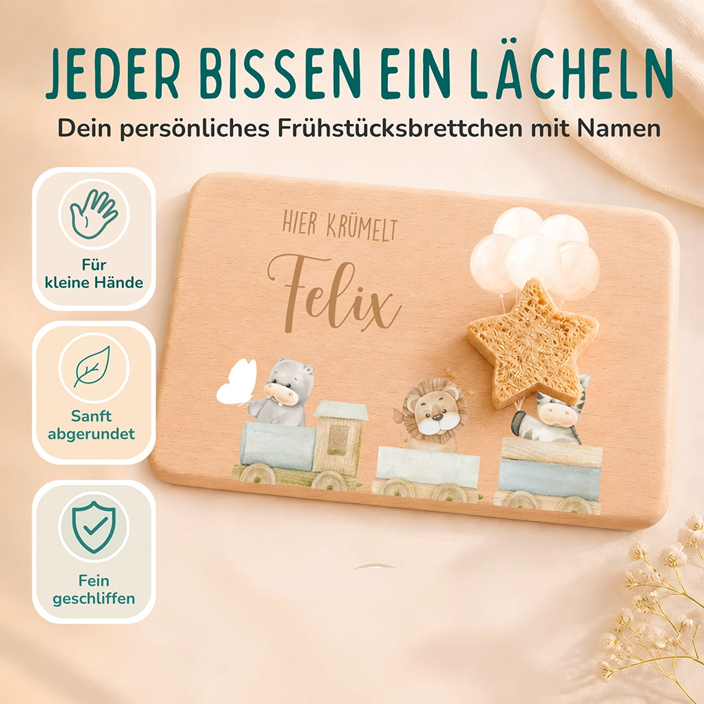 Frühstücksbrettchen Holz personalisiert Tiere Eisenbahn