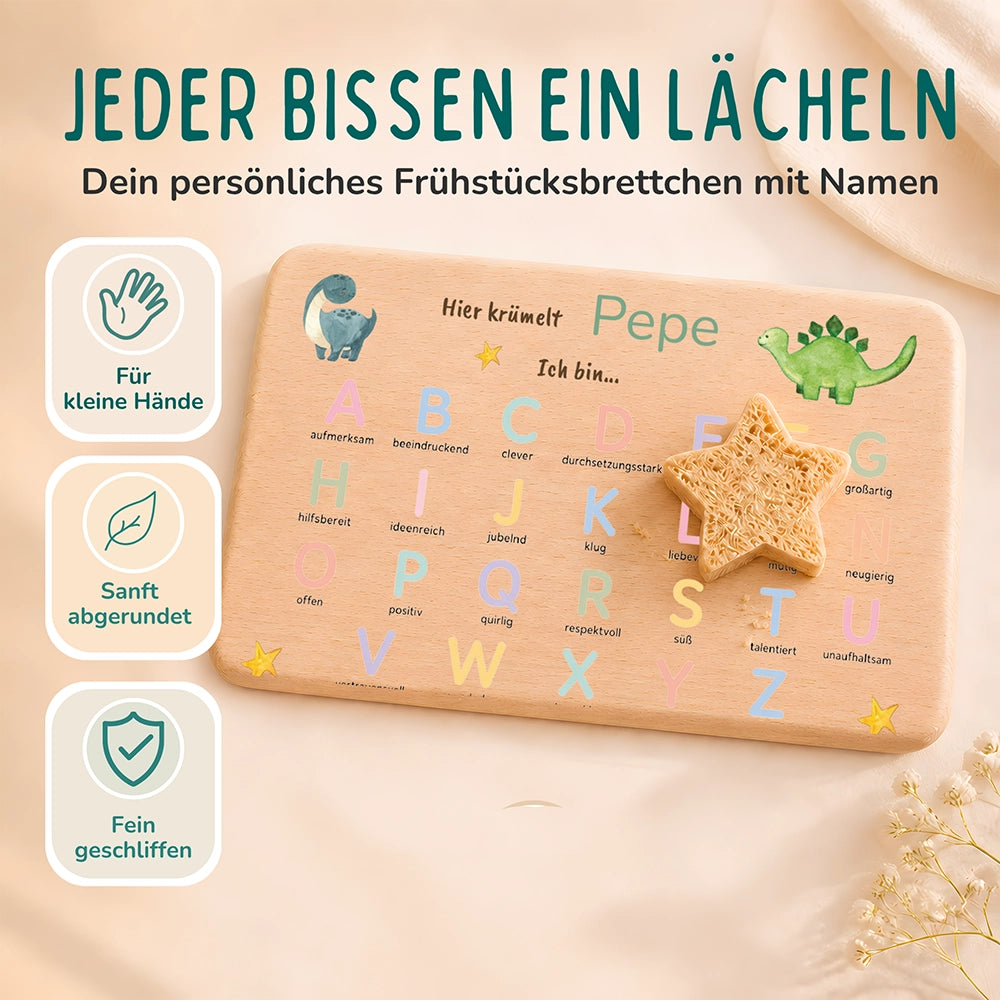 ABC Brettchen Kinder personalisiert – Dinosaurier pastell