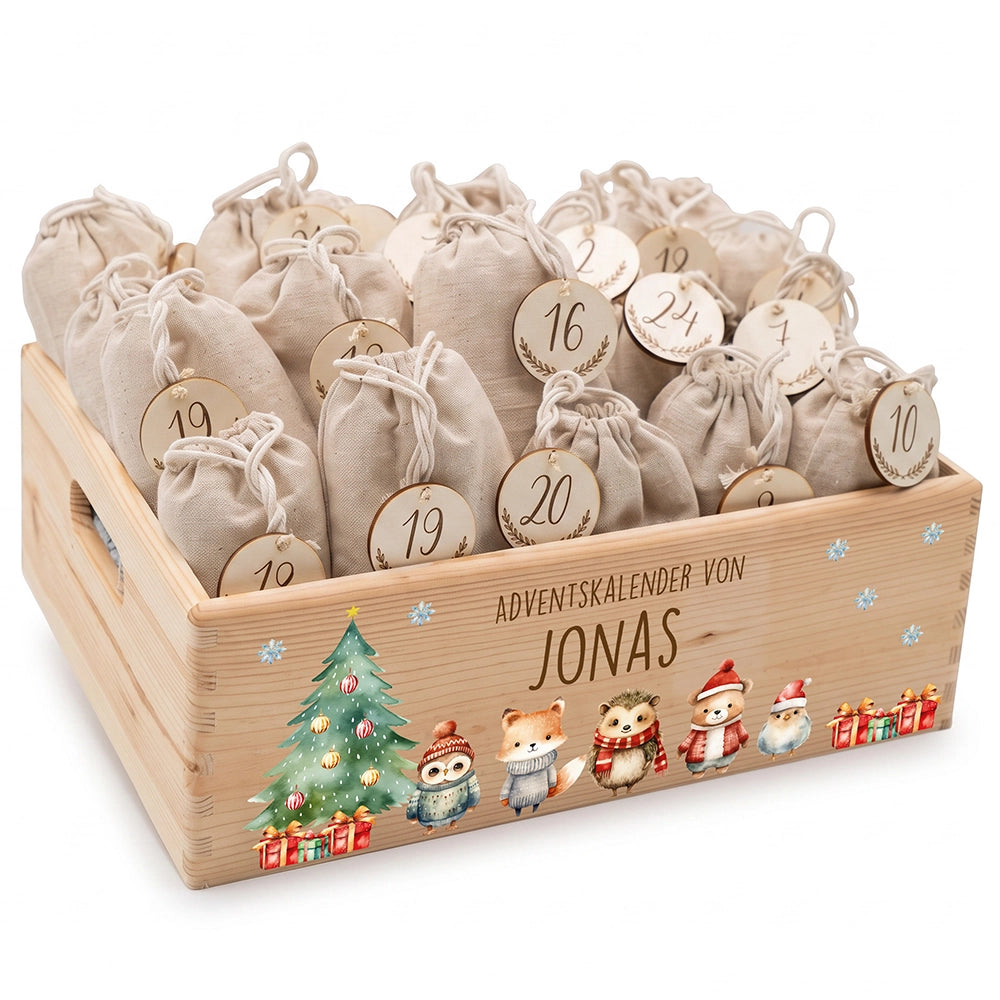 Adventskalender Tierfreunde aus Kiefernholz mit Wunschname, Vorderansicht