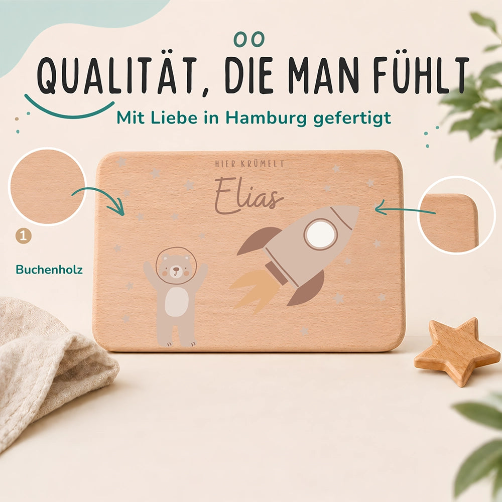 Frühstücksbrettchen Holz personalisiert - Bär Astronaut