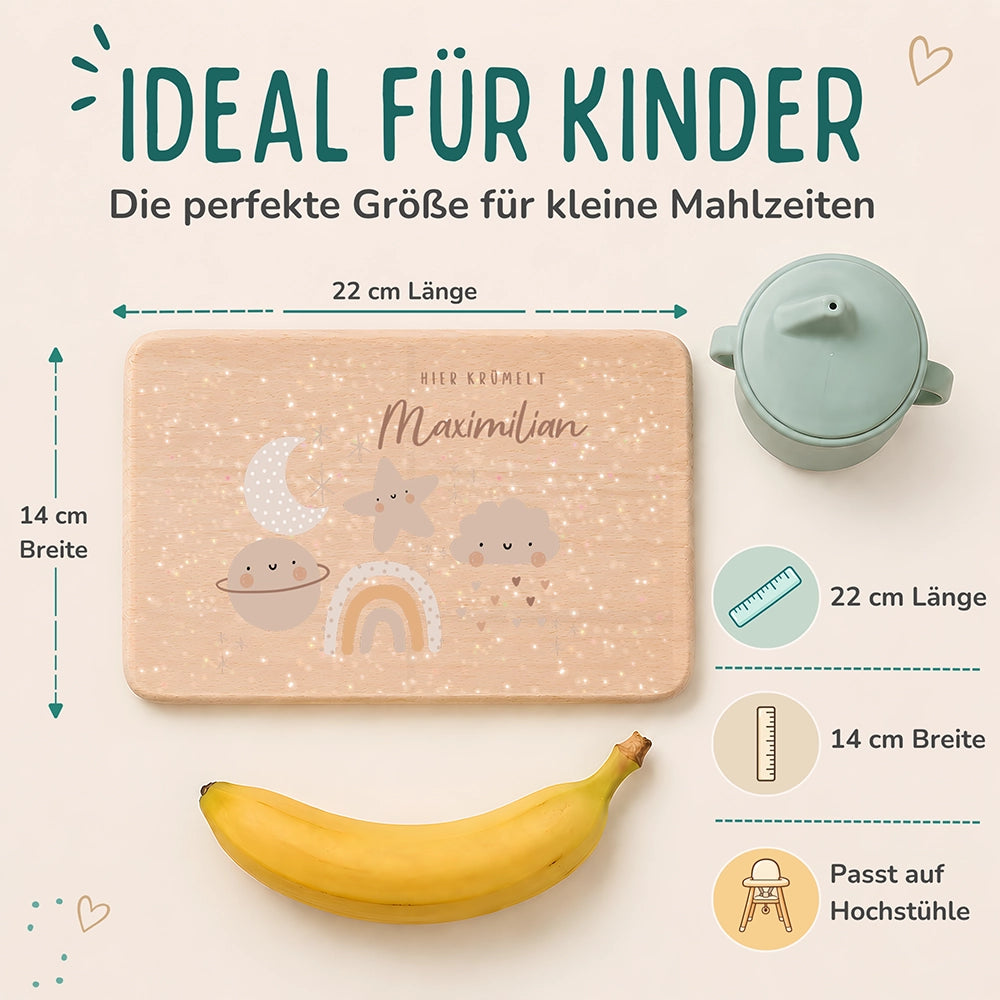 Frühstücksbrettchen Holz personalisiert - Mond Wolke Stern Regenbogen