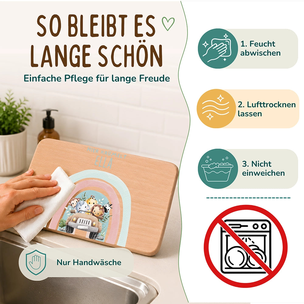 Frühstücksbrettchen Holz personalisiert - Regenbogen Safari
