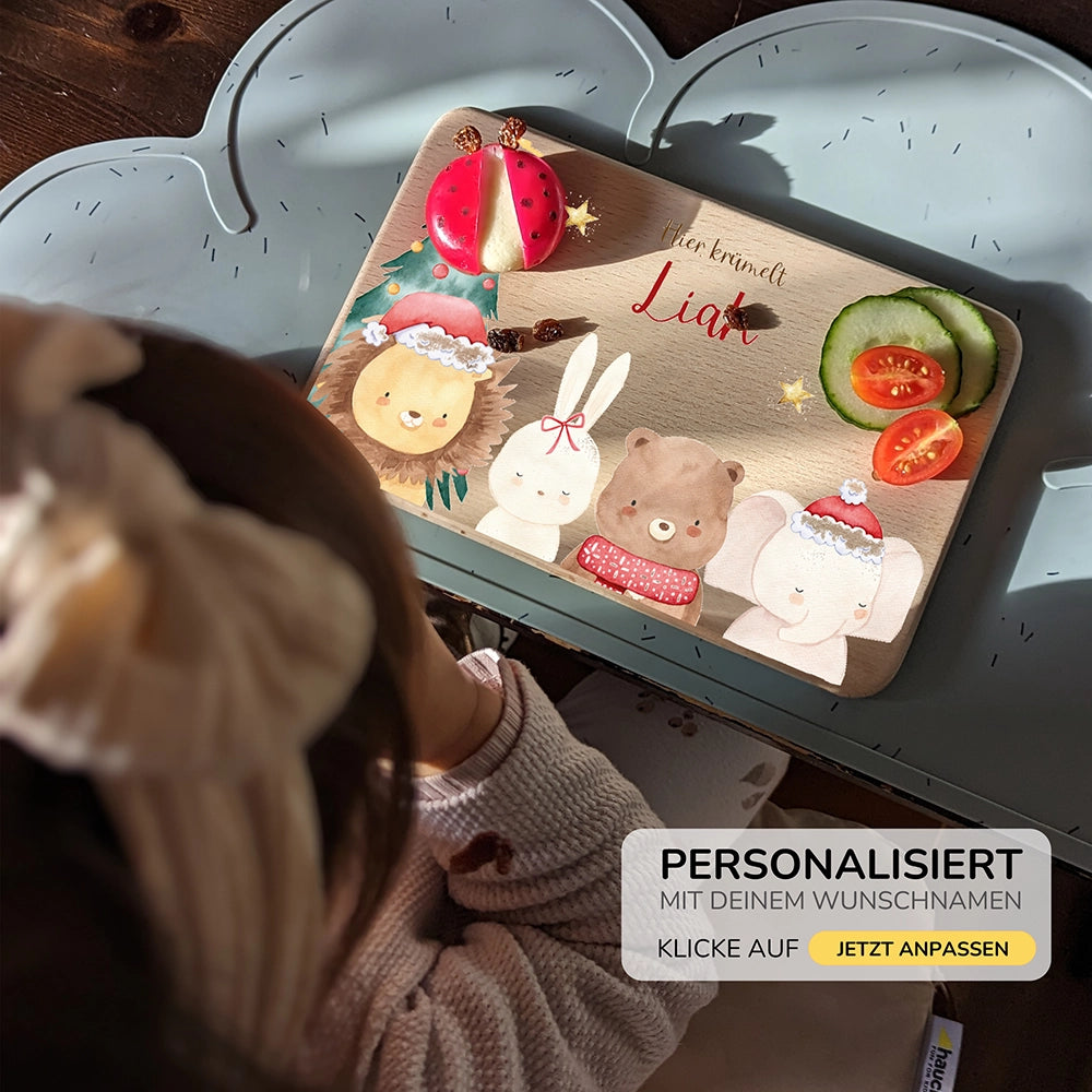 Frühstücksbrettchen Weihnachten mit weihnachtlichem Tiertrio - Geschenk Weihnachten