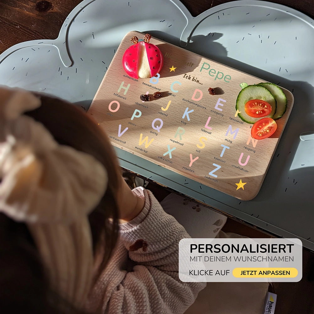 ABC Brettchen Kinder personalisiert – Dinosaurier pastell