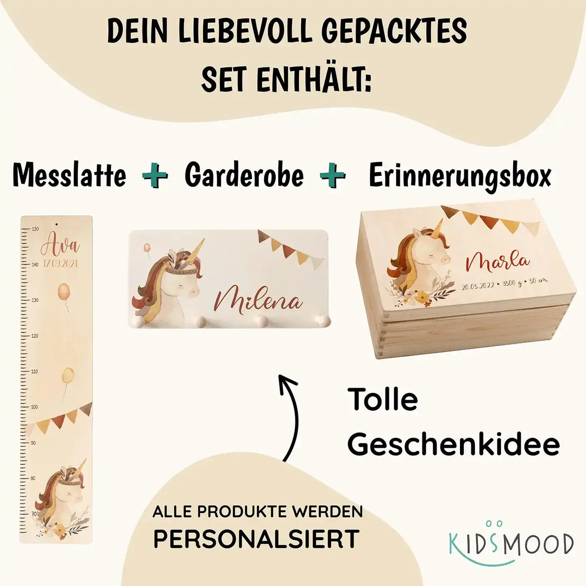 Erste Schritte Bundle - Boho Einhorn: Messlatte, Kindergarderobe, Erinnerungsbox