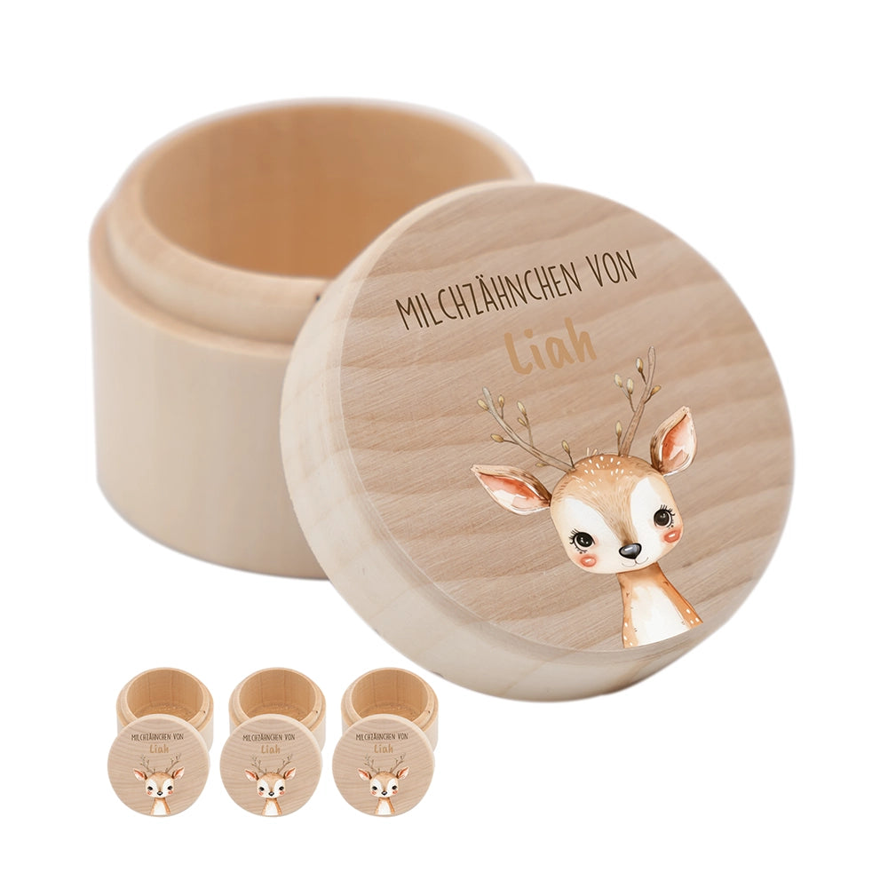 Zahndose Milchzähne personalisiert - Holz Zahnbox mit Wunschnamen - Baby Reh Motiv
