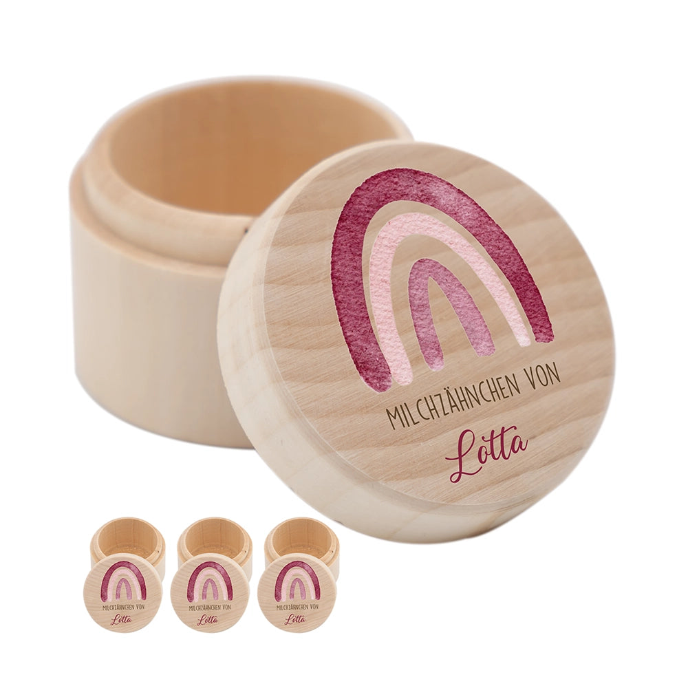 Zahndose Milchzähne personalisiert - Holz Zahnbox mit Wunschnamen - Regenbogen Motiv