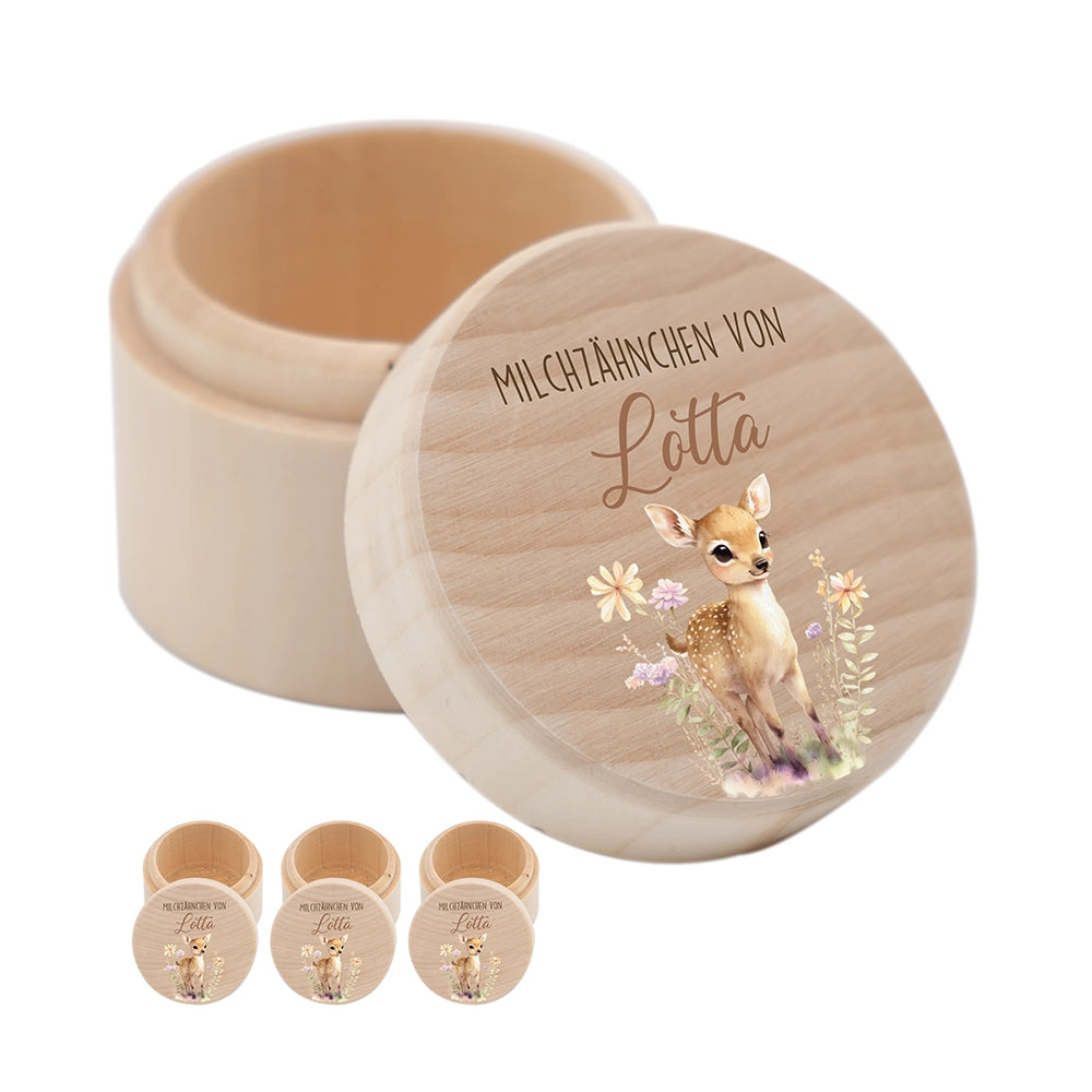 Zahndose Milchzähne personalisiert - Holz Zahnbox mit Wunschnamen - Reh Motiv