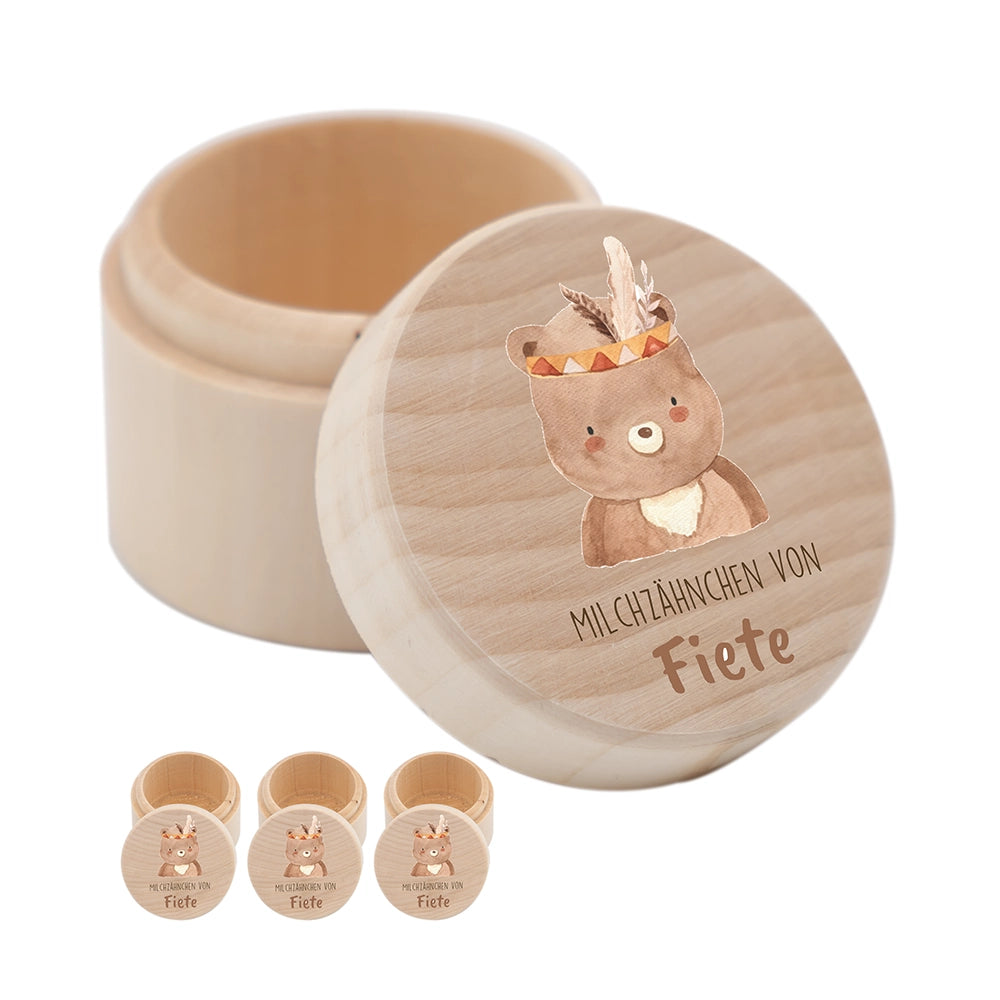 Zahndose Milchzähne personalisiert - Holz Zahnbox mit Wunschnamen - Bohor Bär Motiv