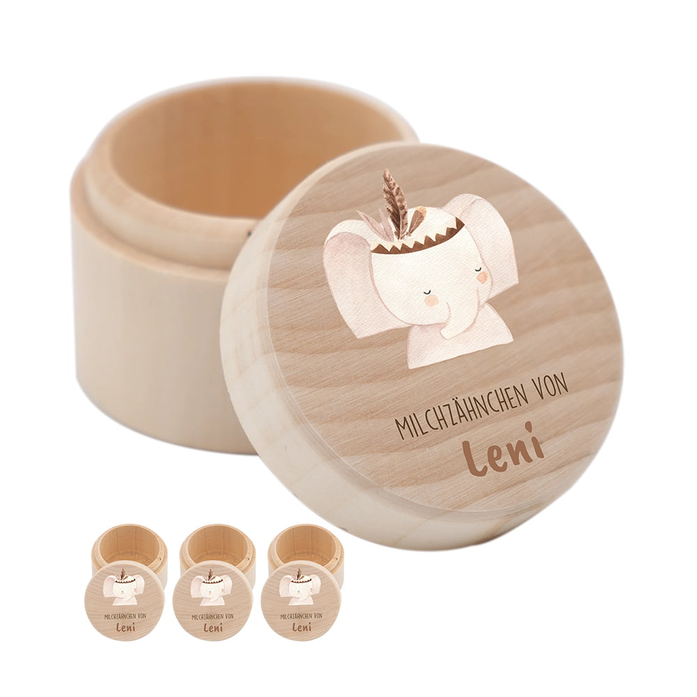 Zahndose Milchzähne personalisiert - Holz Zahnbox mit Wunschnamen - Elefant mit Kranz Motiv