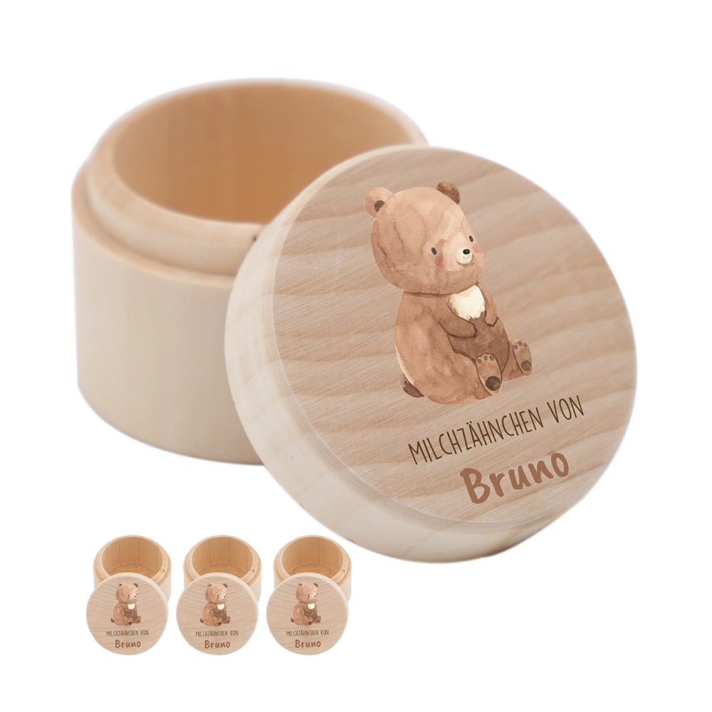 Zahndose Milchzähne personalisiert - Holz Zahnbox mit Wunschnamen - Bär mit Kranz