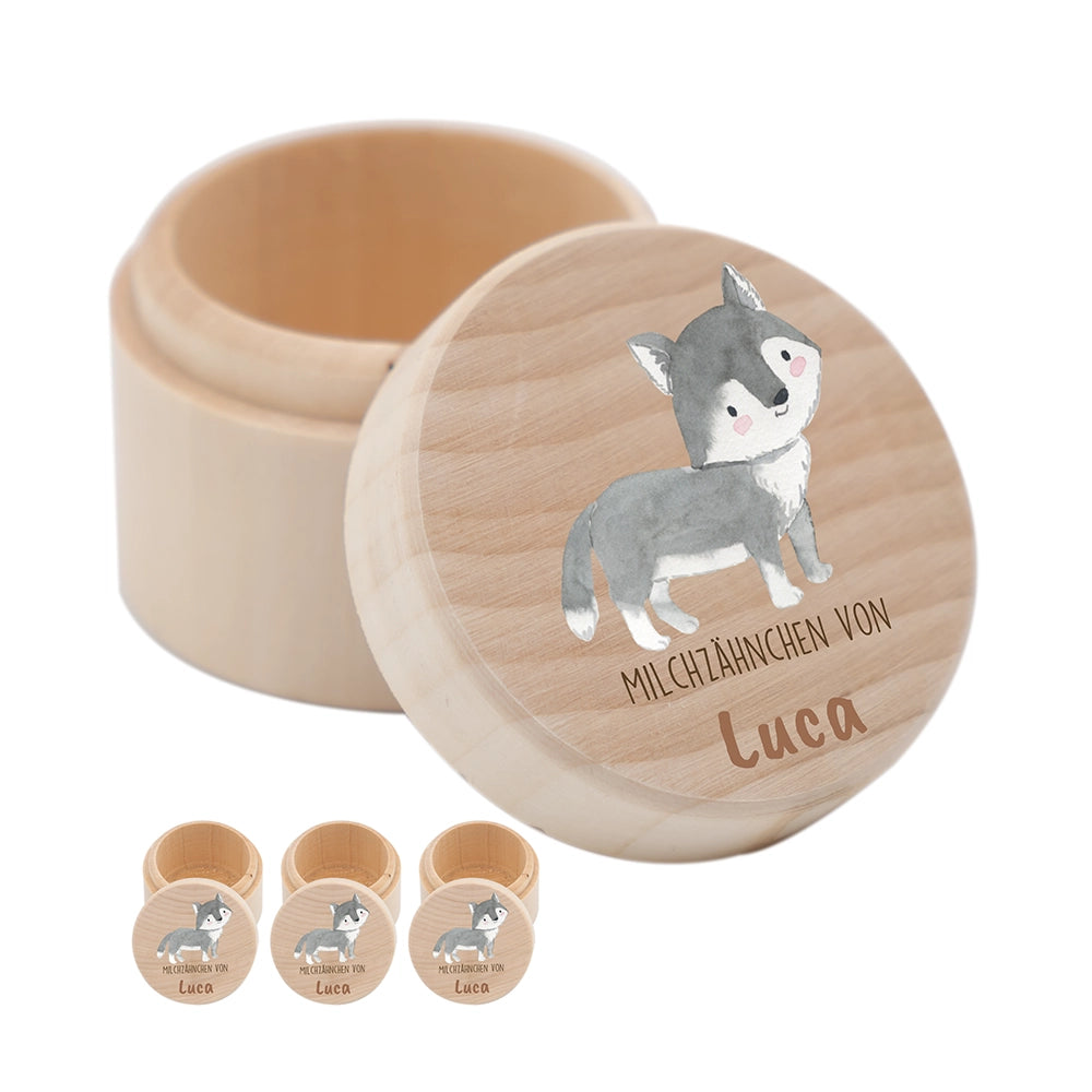 Zahndose Milchzähne personalisiert - Holz Zahnbox mit Wunschnamen - Dachs Motiv