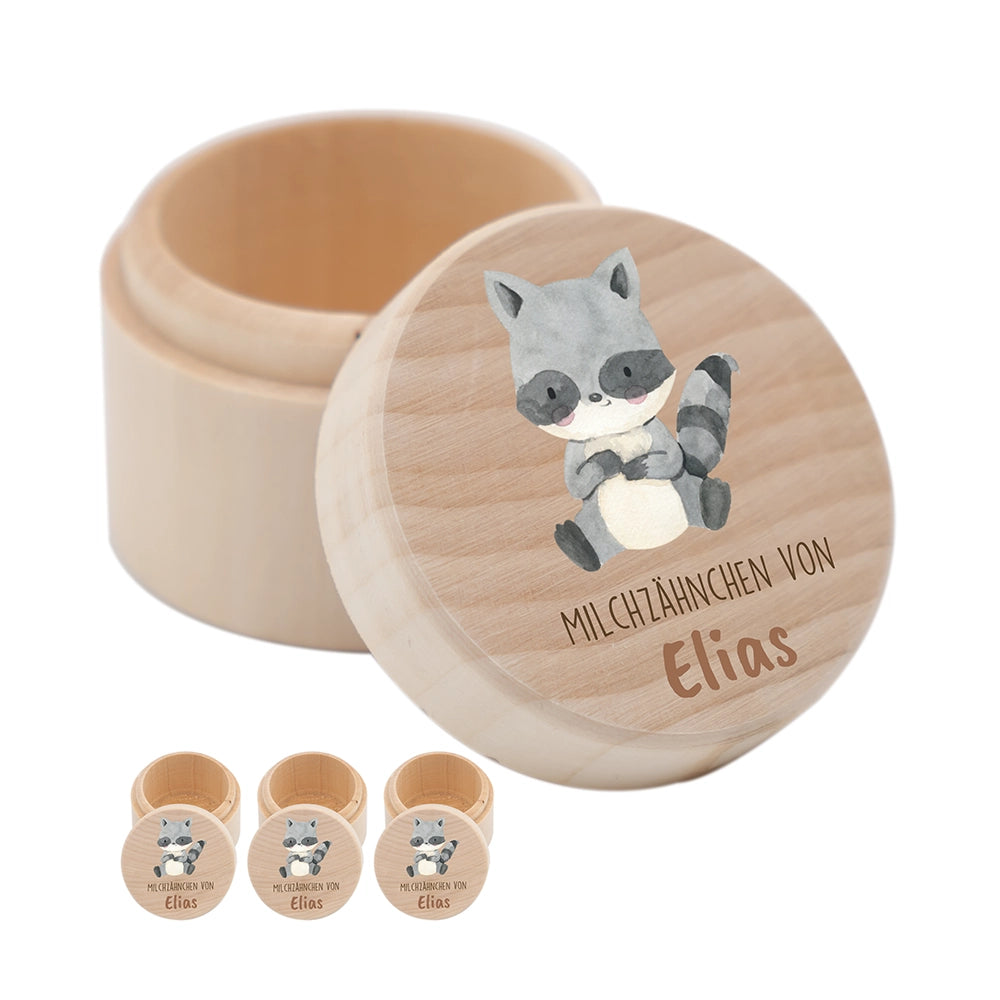 Zahndose Milchzähne personalisiert - Holz Zahnbox mit Wunschnamen - Waschbär Motiv