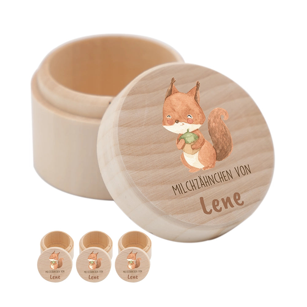 Zahndose Milchzähne personalisiert - Holz Zahnbox mit Wunschnamen - Eichhörnchen Motiv
