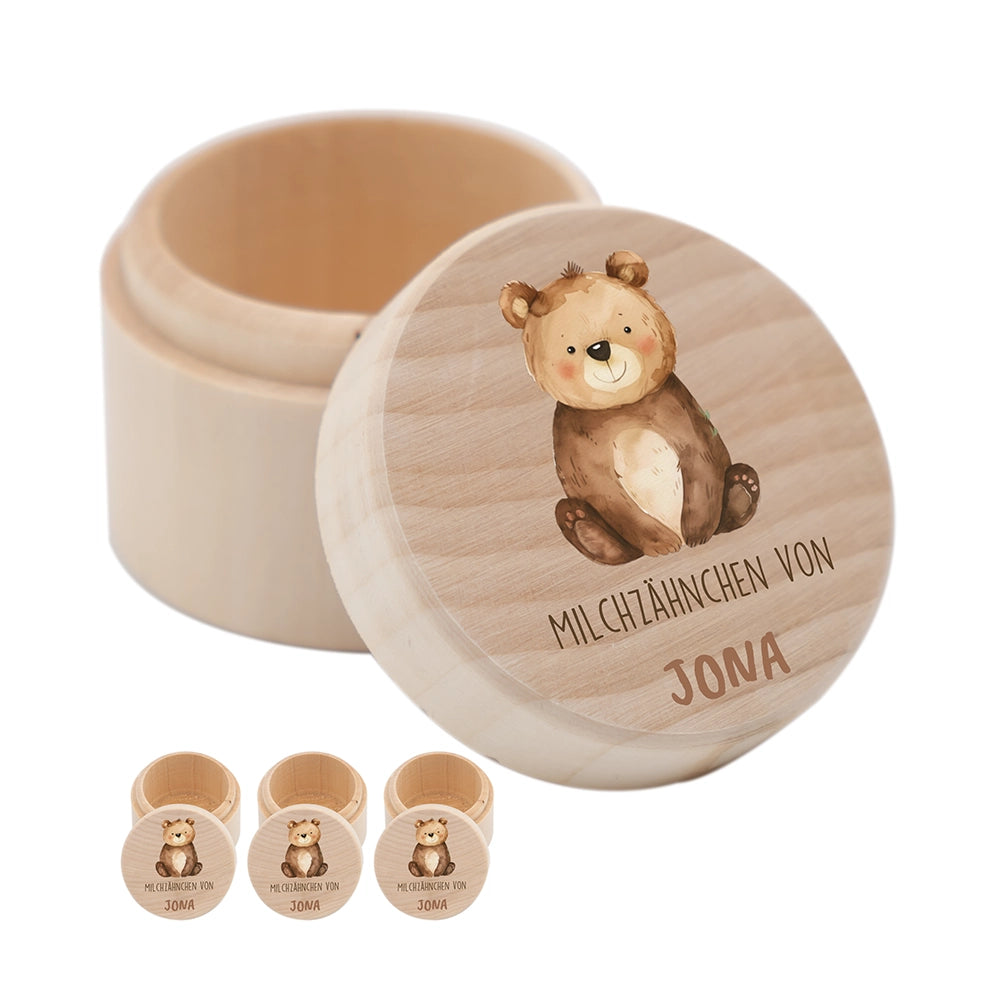 Zahndose Milchzähne personalisiert - Holz Zahnbox mit Wunschnamen - Bär Motiv