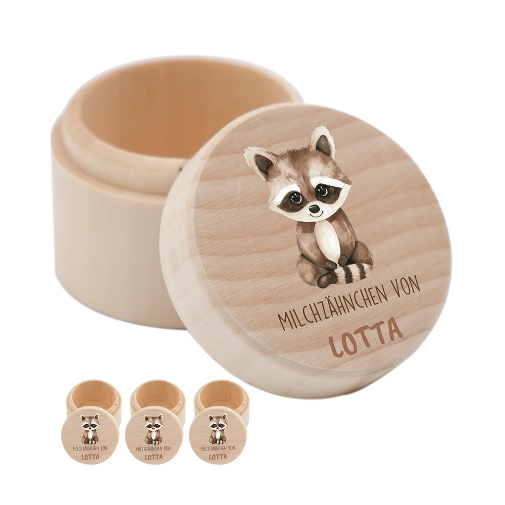 Zahndose Milchzähne personalisiert - Holz Zahnbox mit Wunschnamen - Waschbär