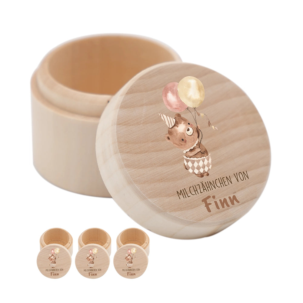 Zahndose Milchzähne personalisiert - Holz Zahnbox mit Wunschnamen - Bär mit Ballon