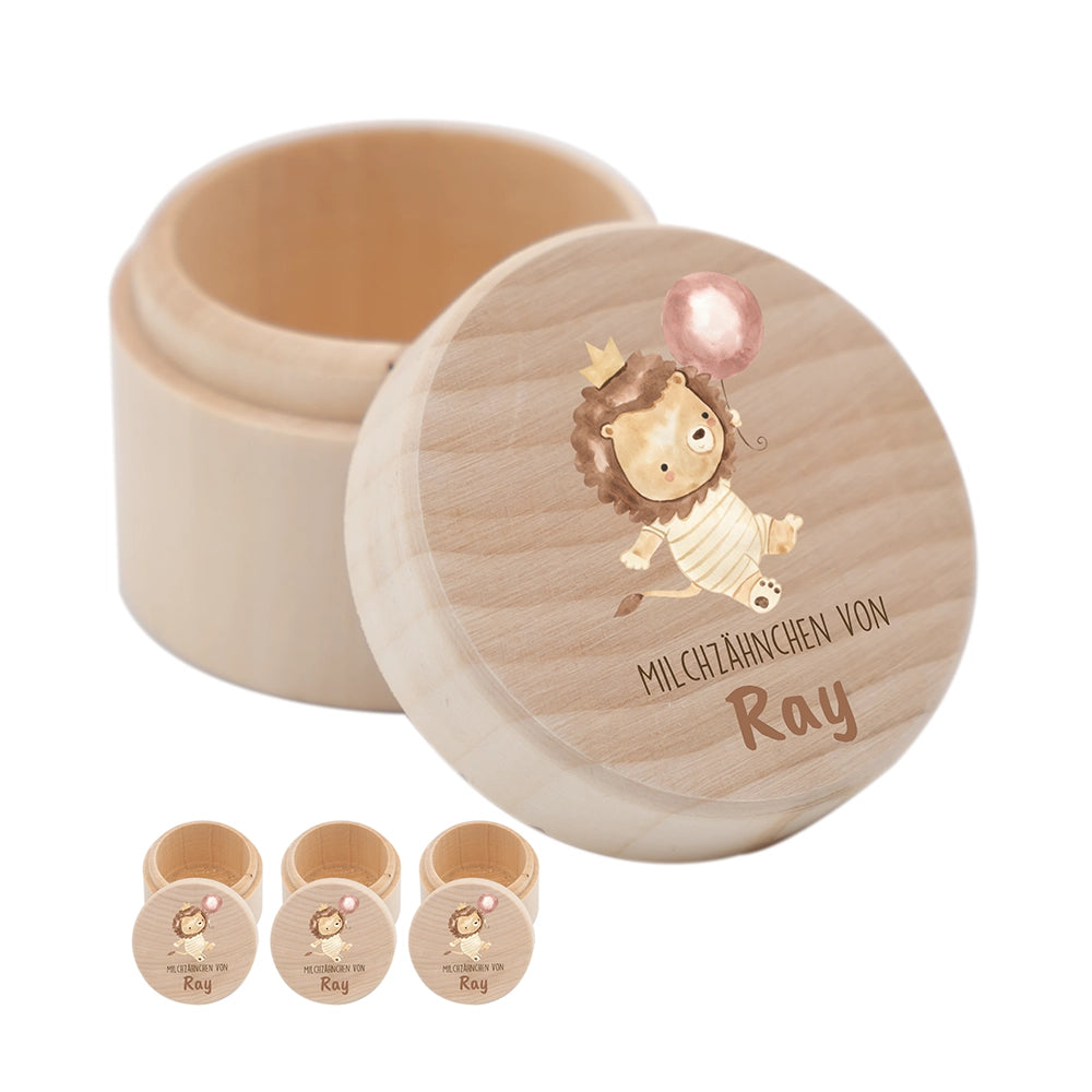 Zahndose Milchzähne personalisiert - Holz Zahnbox mit Wunschnamen - Tiger mit Ballon
