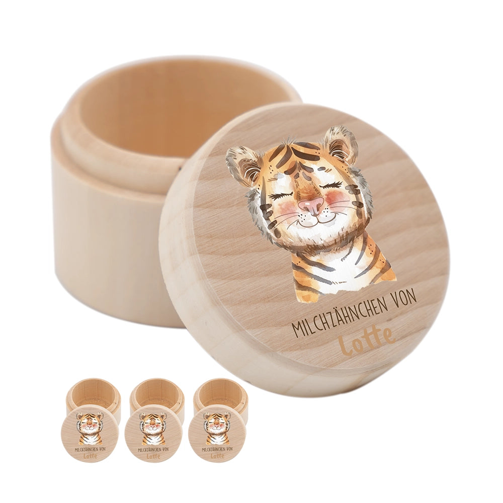 Zahndose Milchzähne personalisiert - Holz Zahnbox mit Wunschnamen - Baby Tiger