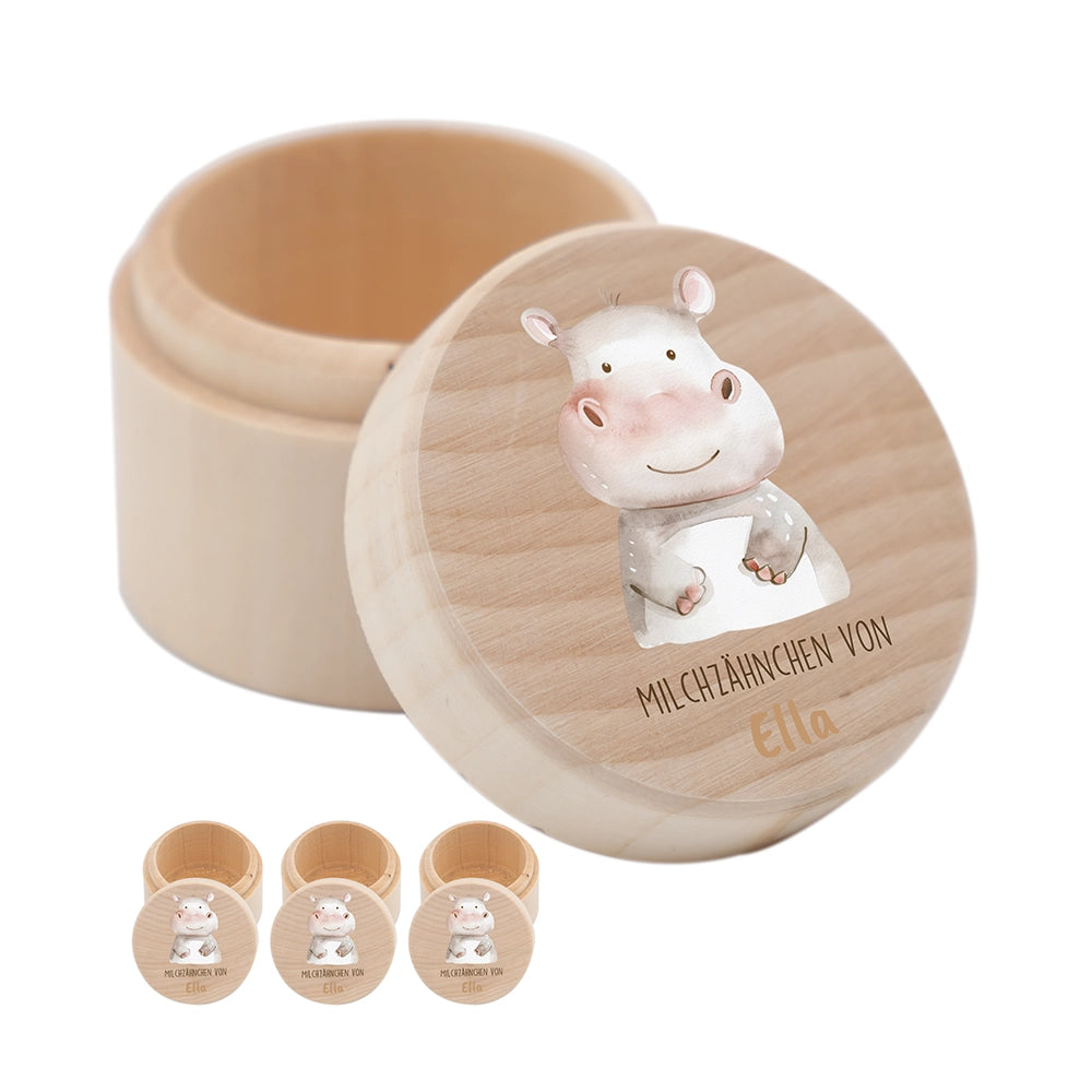 Zahndose Milchzähne personalisiert - Holz Zahnbox mit Wunschnamen - Nilfperd