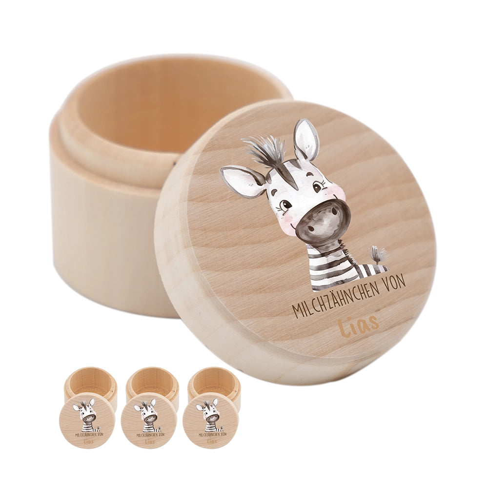 Zahndose Milchzähne personalisiert - Holz Zahnbox mit Wunschnamen - Zebra