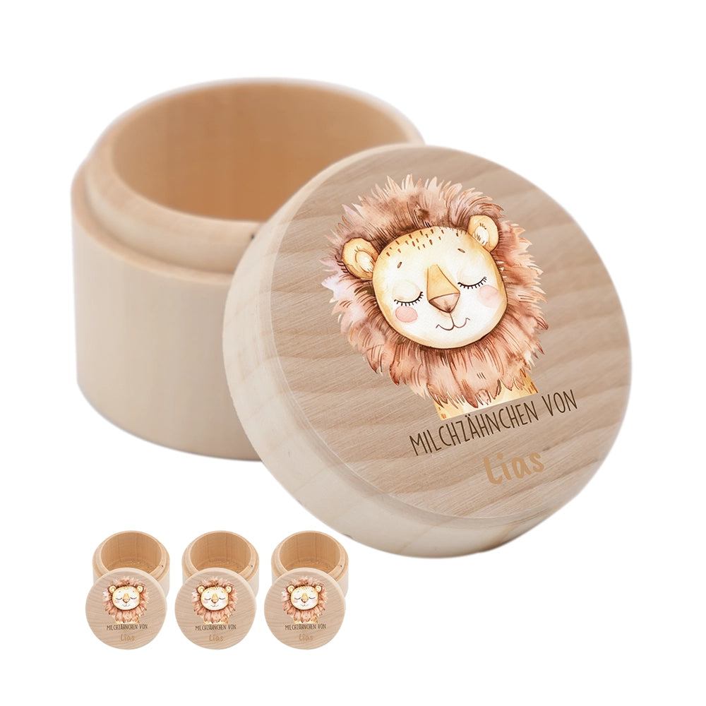 Zahndose Milchzähne personalisiert - Holz Zahnbox mit Wunschnamen - Löwe