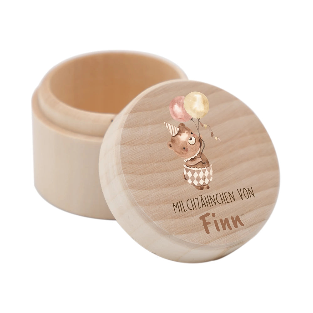 Zahndose Milchzähne personalisiert - Holz Zahnbox mit Wunschnamen - Bär mit Ballon