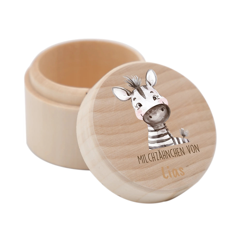 Zahndose Milchzähne personalisiert - Holz Zahnbox mit Wunschnamen - Zebra