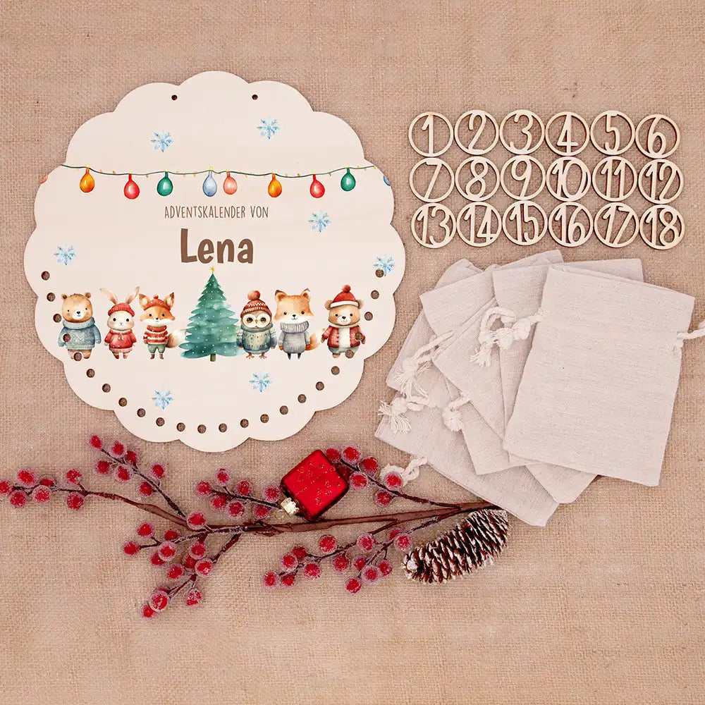 Personalisierter runder Adventskalender Kinder aus Holz  - Niedliche Waldfreunde