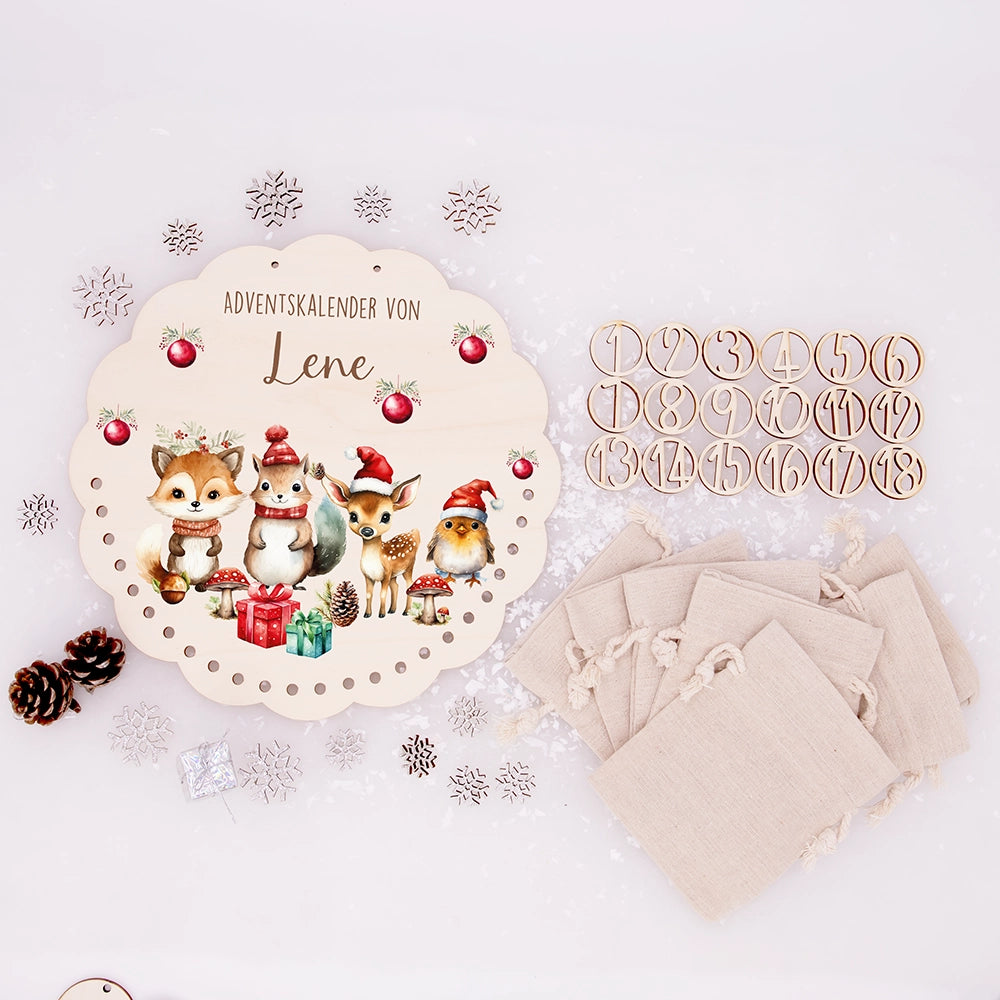 Personalisierter runder Adventskalender Kinder aus Holz  - Tierische Weihnachtsfeier