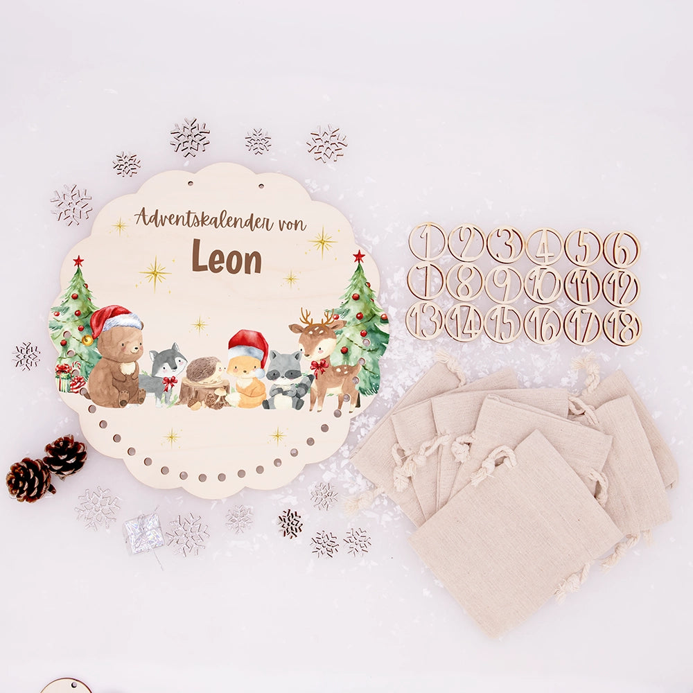 Personalisierter runder Adventskalender Kinder aus Holz  - Winterwunderland