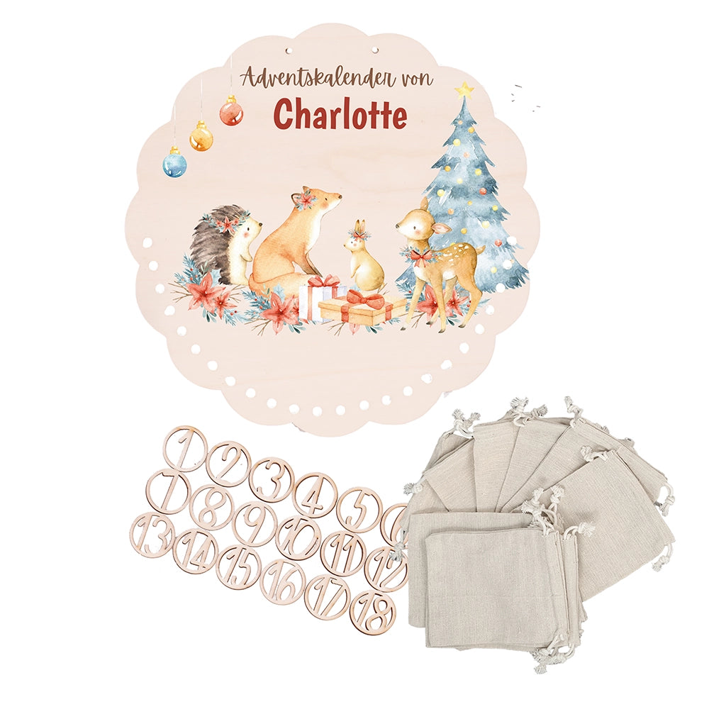 Personalisierter runder Adventskalender Kinder aus Holz  - Winterwaldtiere