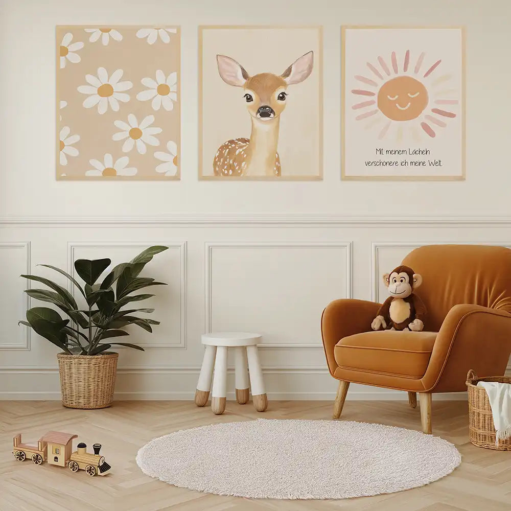 Poster 3er-Set - Gänseblümchen, Reh & Sonnenschein fürs Kinderzimmer