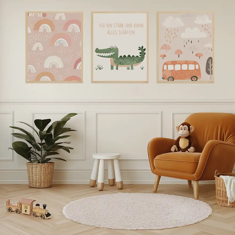 Poster 3er-Set - Regenbögen, Krokodil & Regenwetter fürs Kinderzimmer