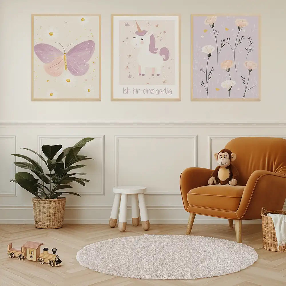Poster 3er-Set - Schmetterling, Einhorn & Blumen fürs Kinderzimmer