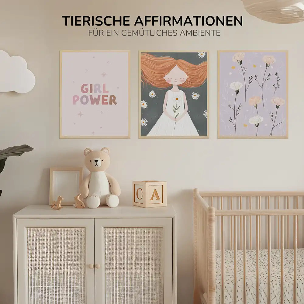 Poster 3er-Set - Girl Power, Mädchen & Blumen fürs Kinderzimmer