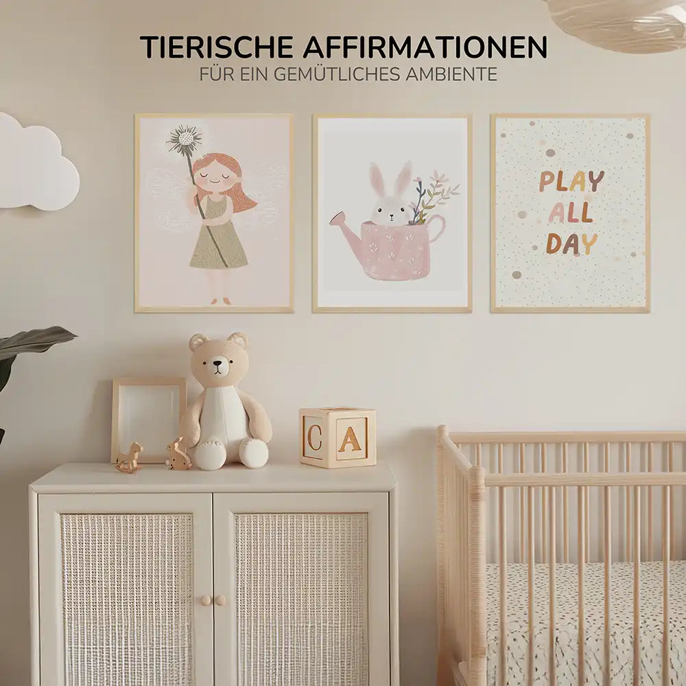 Poster 3er-Set - Engel, Häschen & "Play All Day" fürs Kinderzimmer