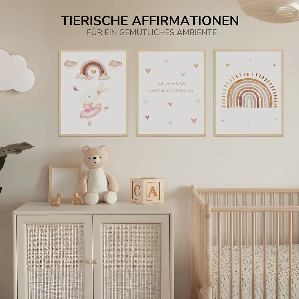 Poster 3er-Set - Häschen-Ballerina, Regenbogenspruch & Regenbogen fürs Kinderzimmer
