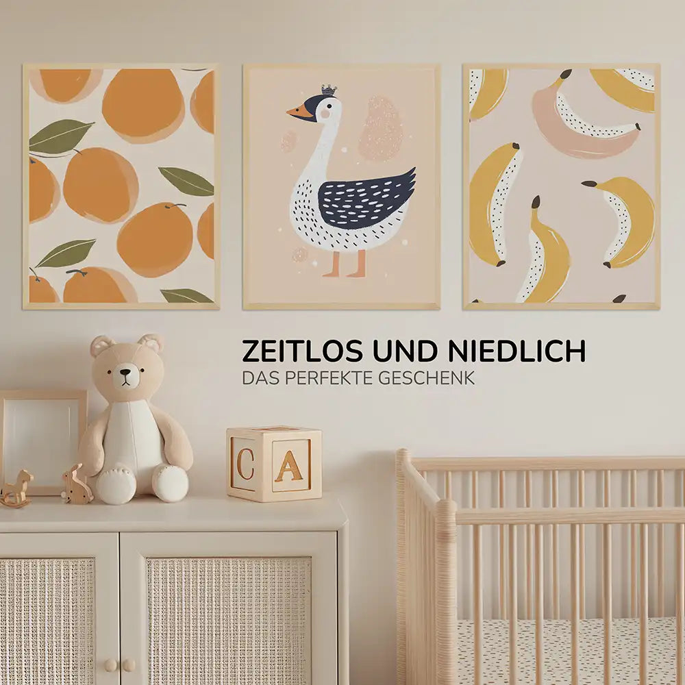 Poster 3er-Set - Orangen, Schwan & Bananen fürs Kinderzimmer