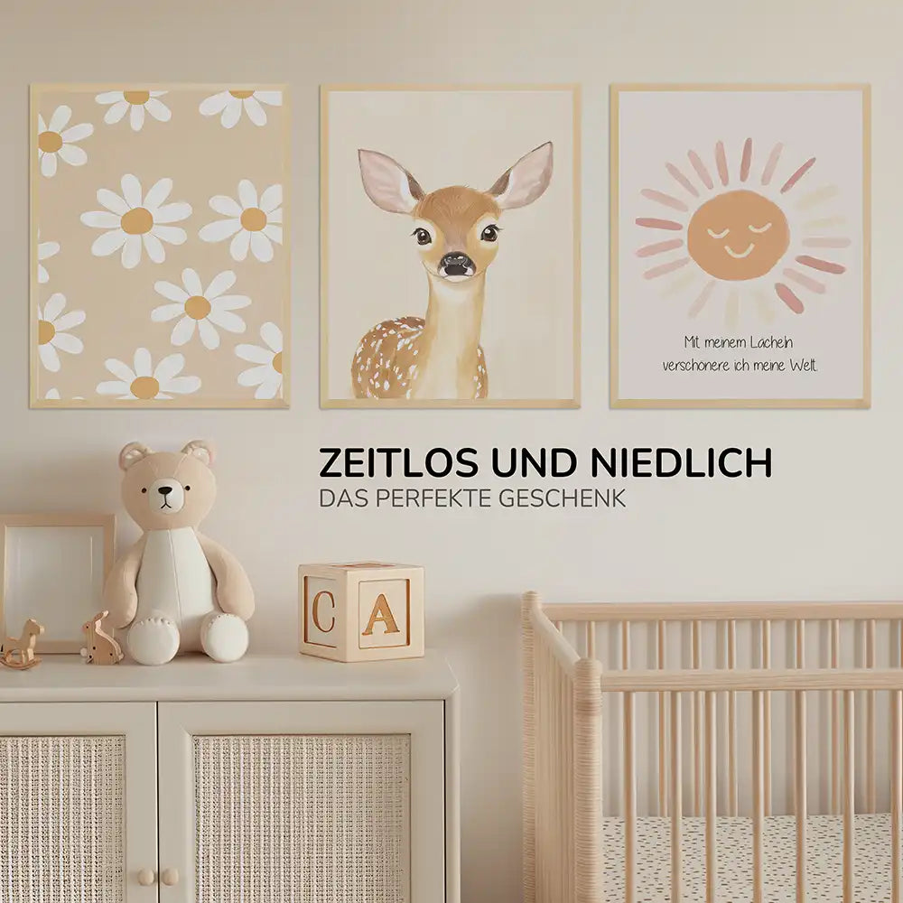 Poster 3er-Set - Gänseblümchen, Reh & Sonnenschein fürs Kinderzimmer