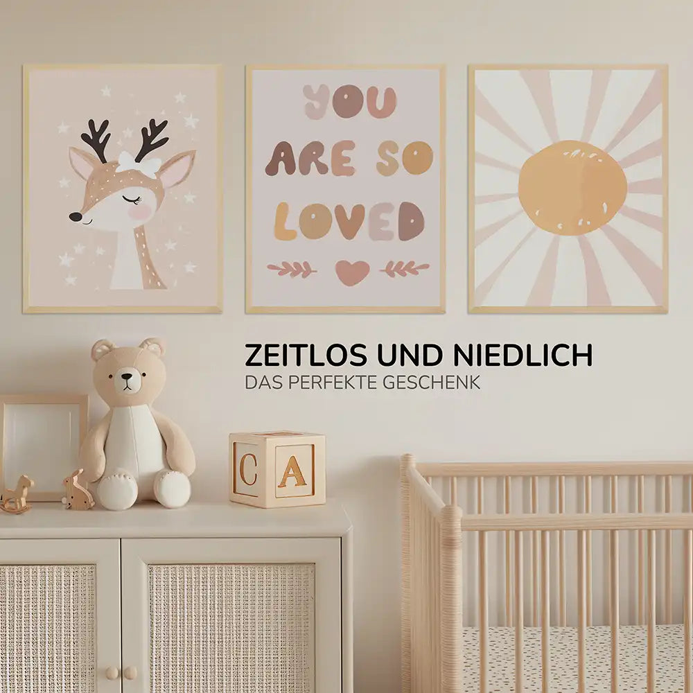 Poster 3er-Set - Reh, "You are so loved" & Sonne fürs Kinderzimmer