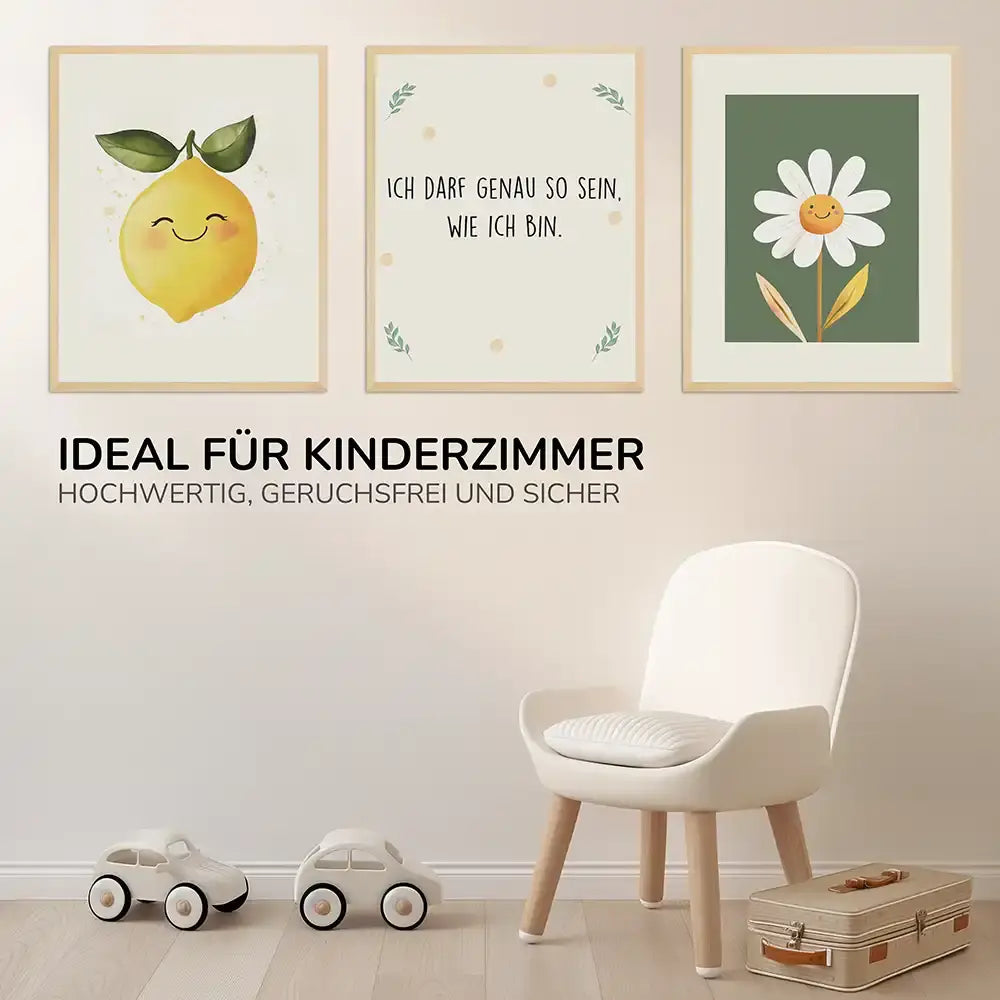 Poster 3er-Set - Zitrone, Selbstakzeptanz & Gänseblümchen fürs Kinderzimmer