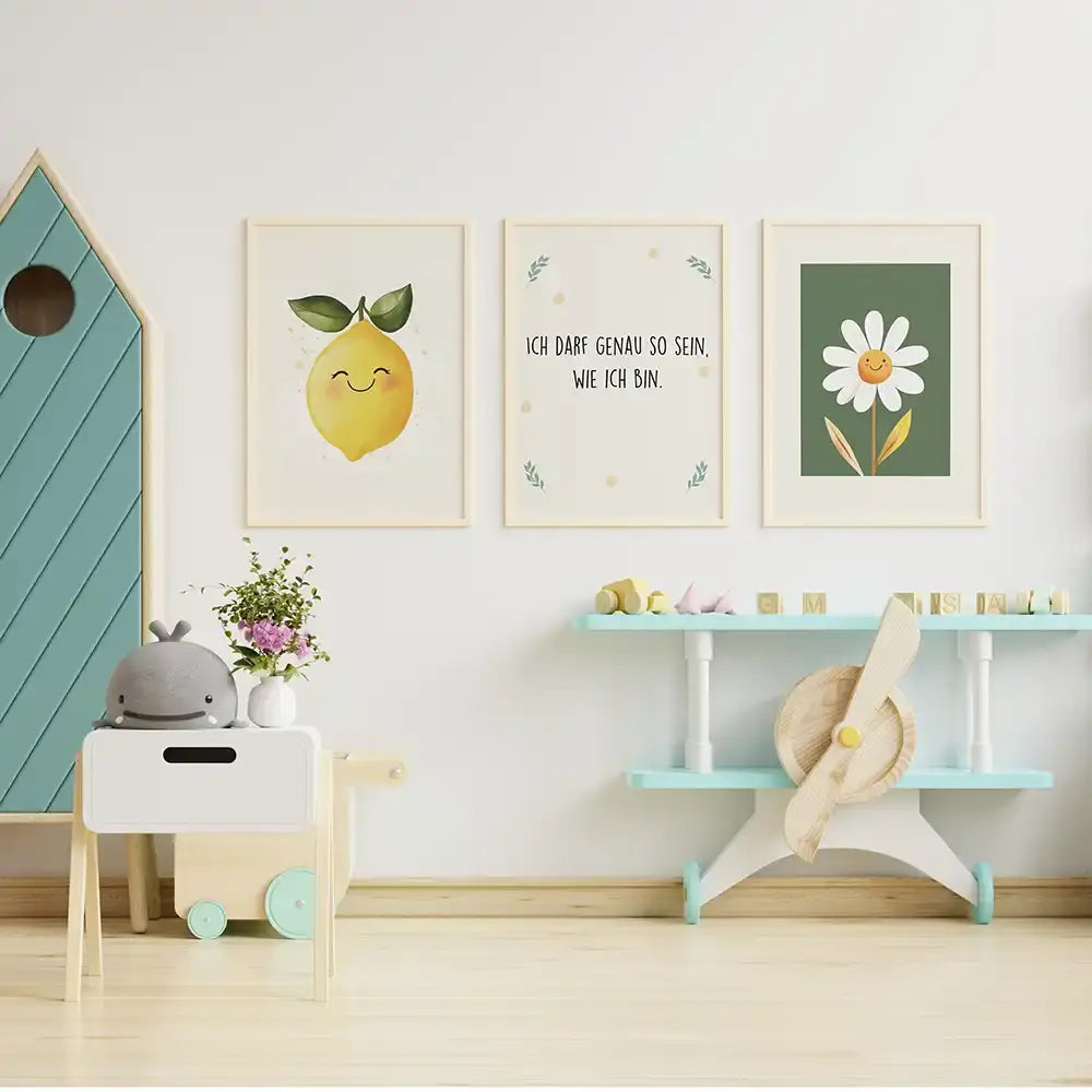 Poster 3er-Set - Zitrone, Selbstakzeptanz & Gänseblümchen fürs Kinderzimmer